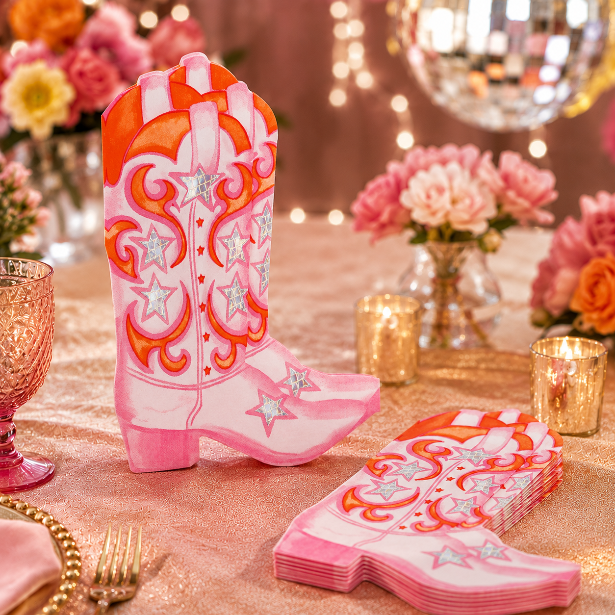 Cowgirl Disco Metallic Boot-Shaped Napkins – 16PK